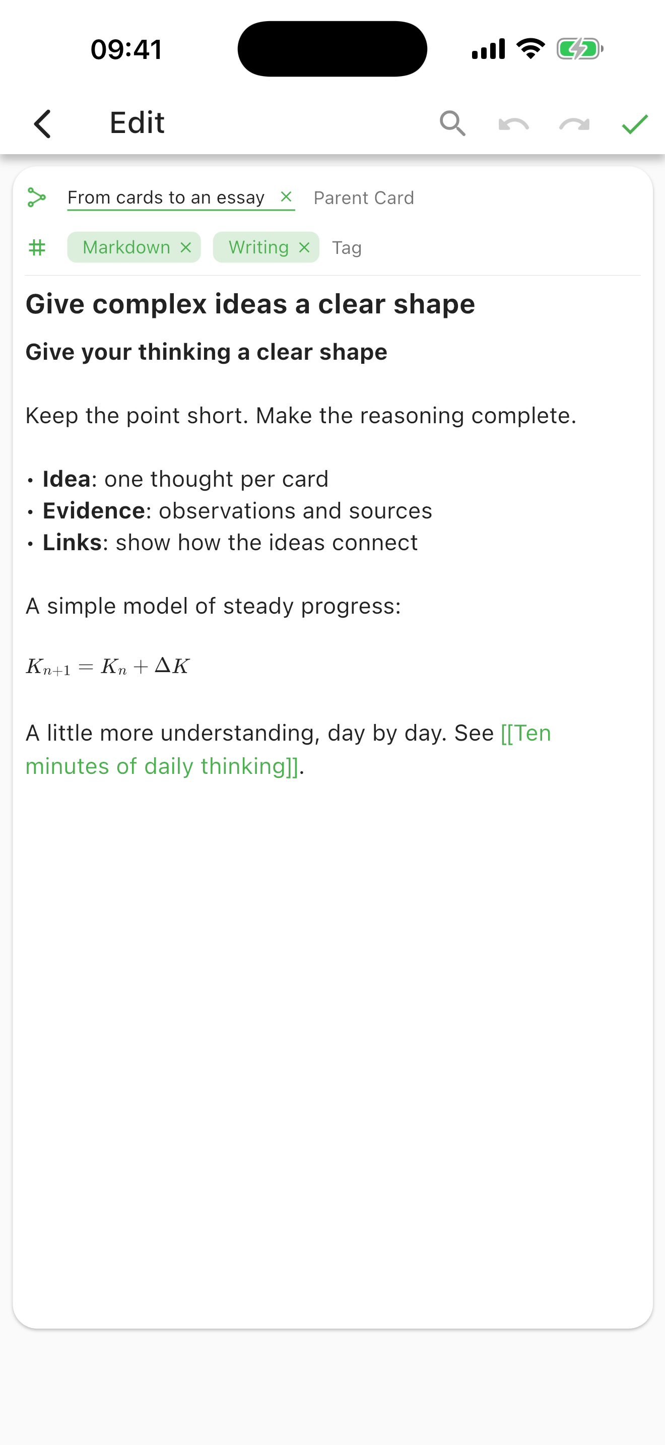 MetaSlip editor showing a card with an idea, supporting material, a parent card, and Markdown content