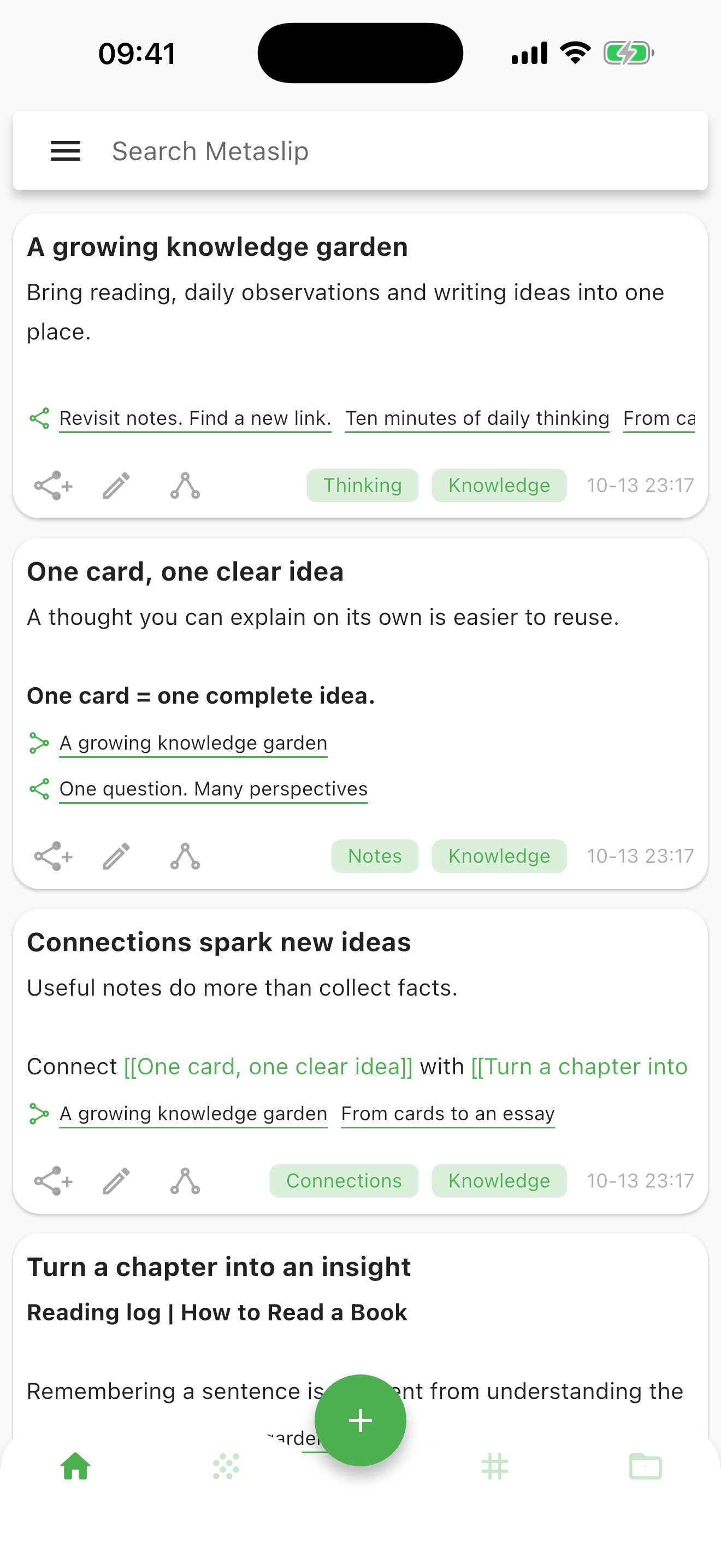 MetaSlip home screen showing example reading notes, everyday ideas, green bidirectional links, and tags