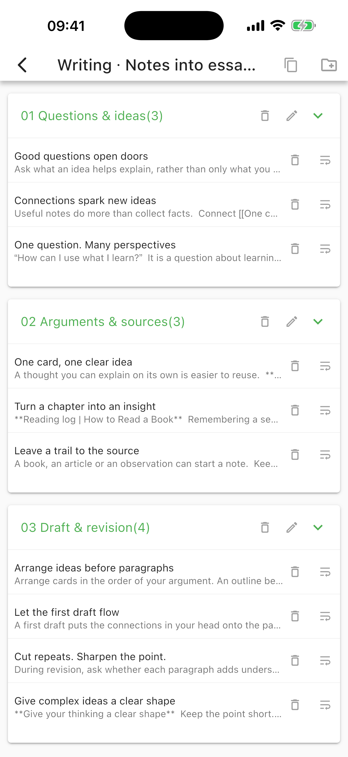 MetaSlip project showing cards grouped into questions and ideas, arguments and materials, and drafts and revisions